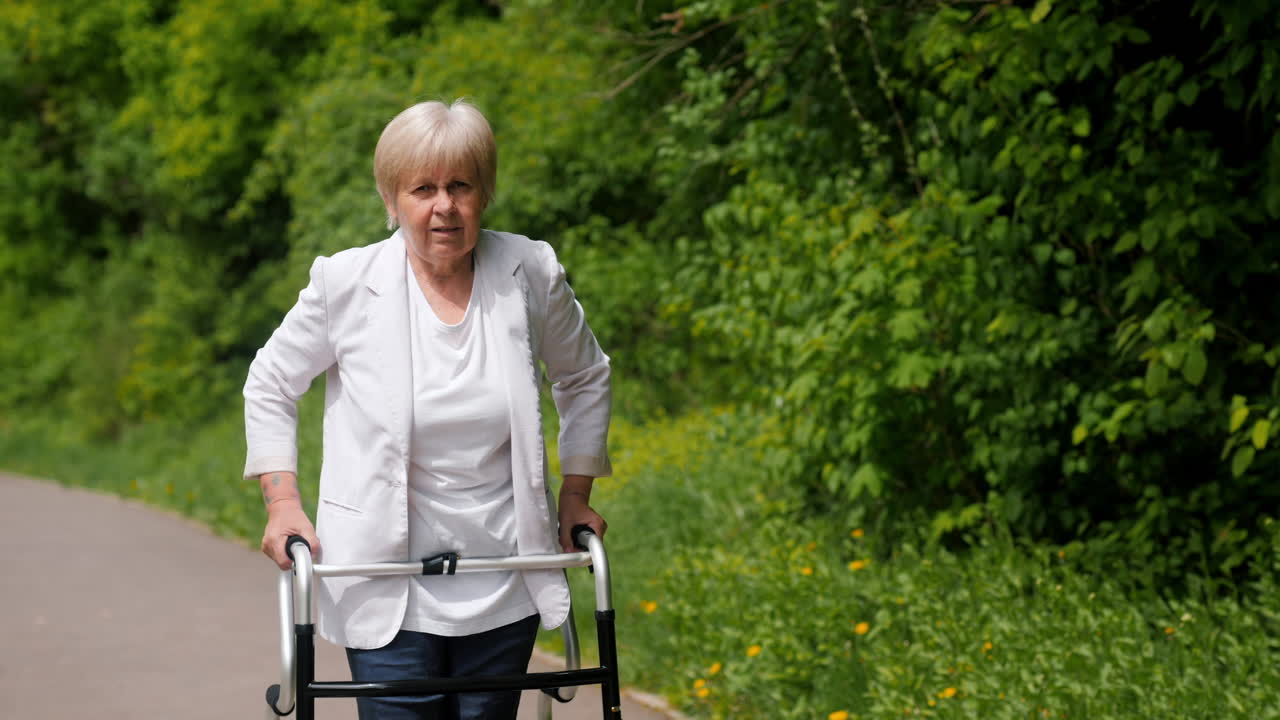 Eldre kvinne går med rullator i en park