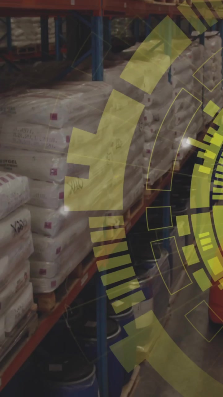 Animation of scope scanning over worker using lift truck in warehouse