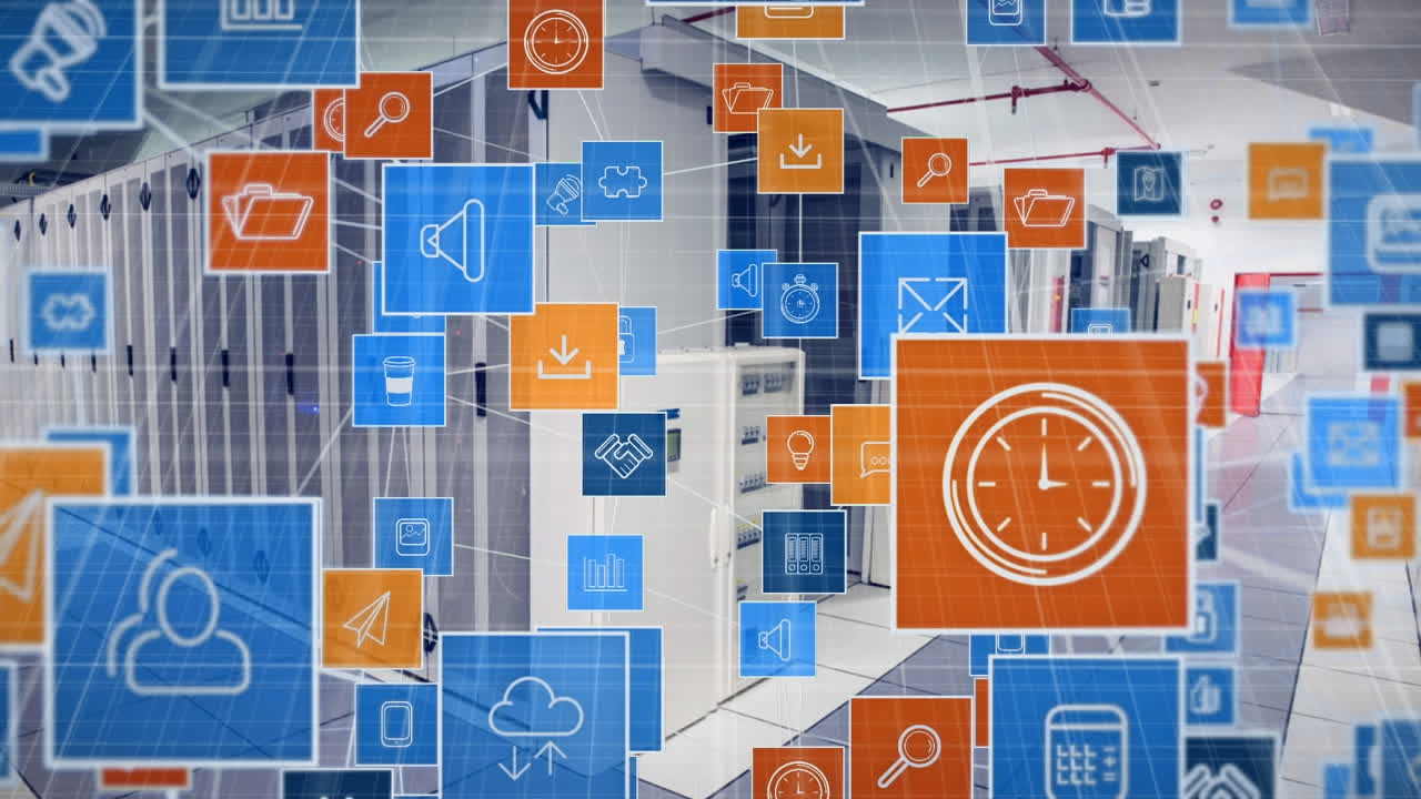 Icons connected moving against a server room background