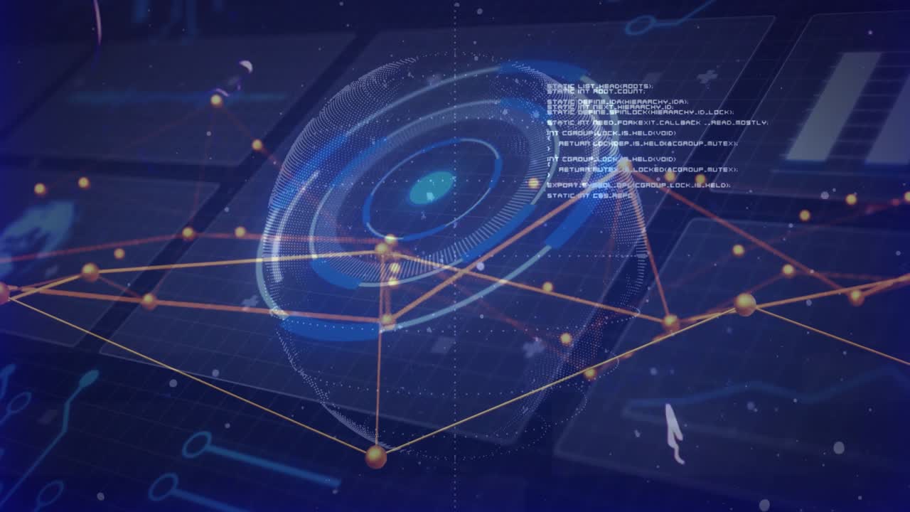 Wireframe sphere emerging and rotating with nodes linking and rings spinning, visualizing network