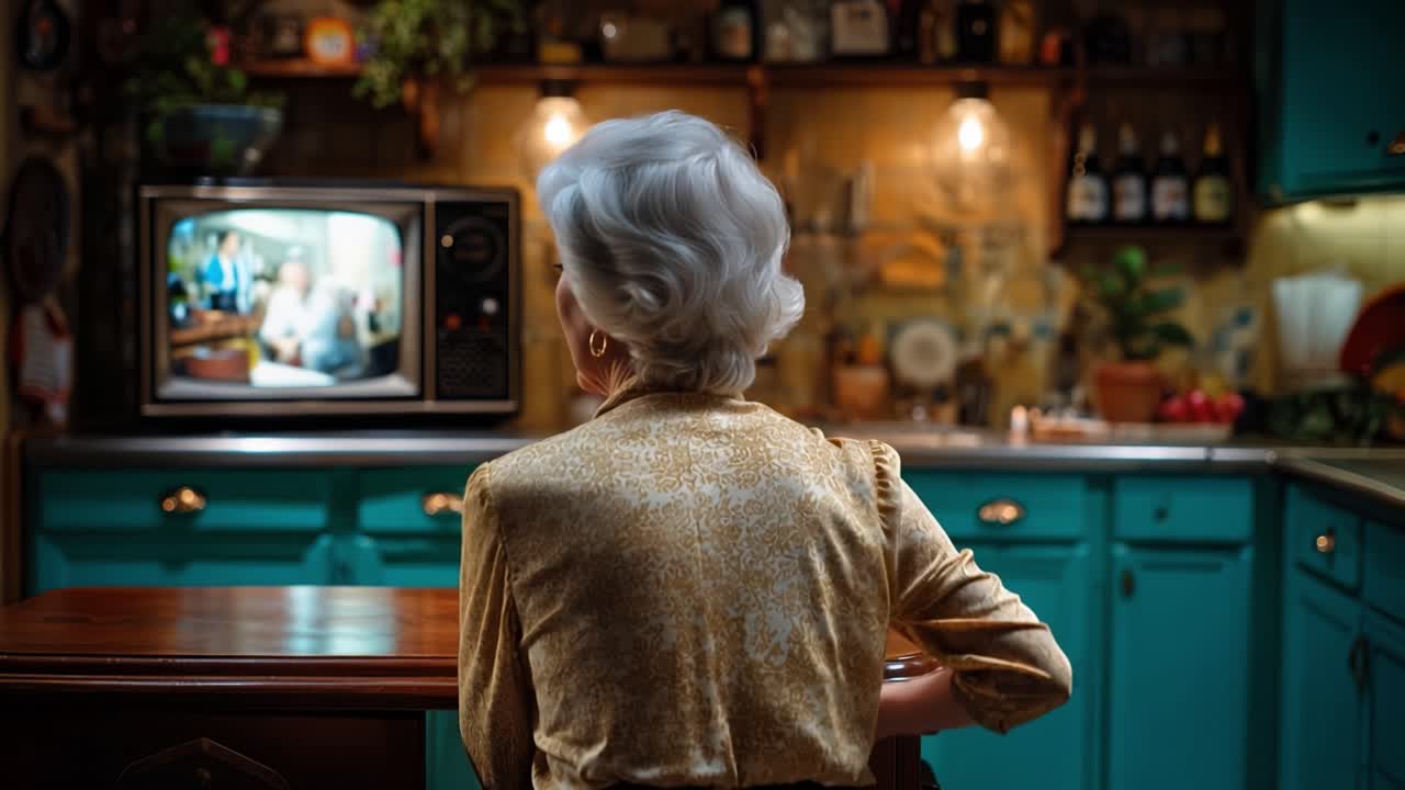El cálido resplandor de la cocina. Una mujer de cabello plateado mira un televisor antiguo. Se sienta en silencio, absorta. La televisión muestra una escena nostálgica. Gabinetes de color turquesa vibrante enmarcan la vista. La acogedora habitación, tenuemente iluminada, se siente personal.