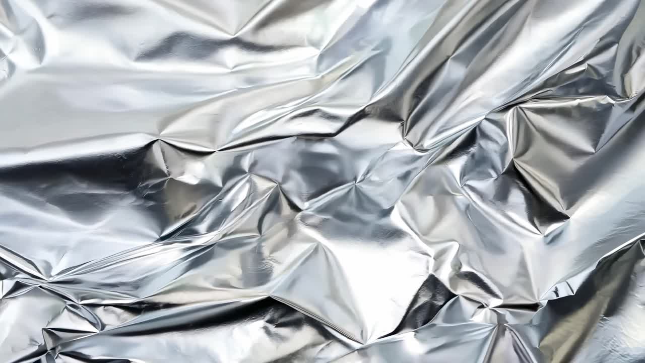 Video ravvicinato di un foglio di alluminio accartocciato, che mostra texture e riflessi astratti