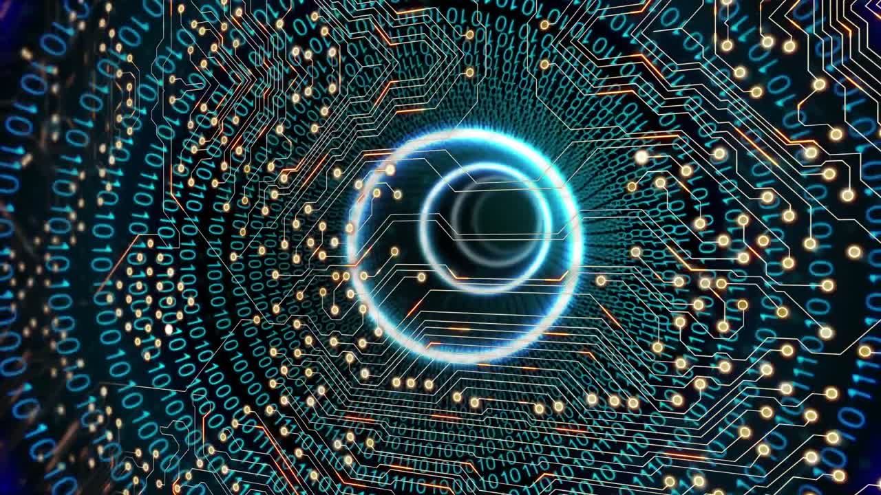 Animation af neoncirkler, binær kode og integreret kredsløb på sort baggrund