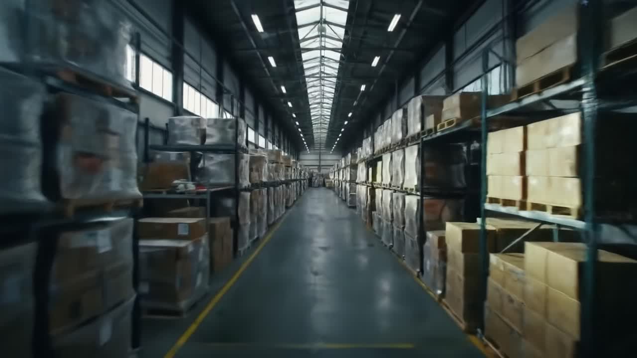 A vast warehouse is seen, with high shelves lined with neatly stacked boxes. Workers move about, managing inventory efficiently. The atmosphere is bustling with productivity and organization.