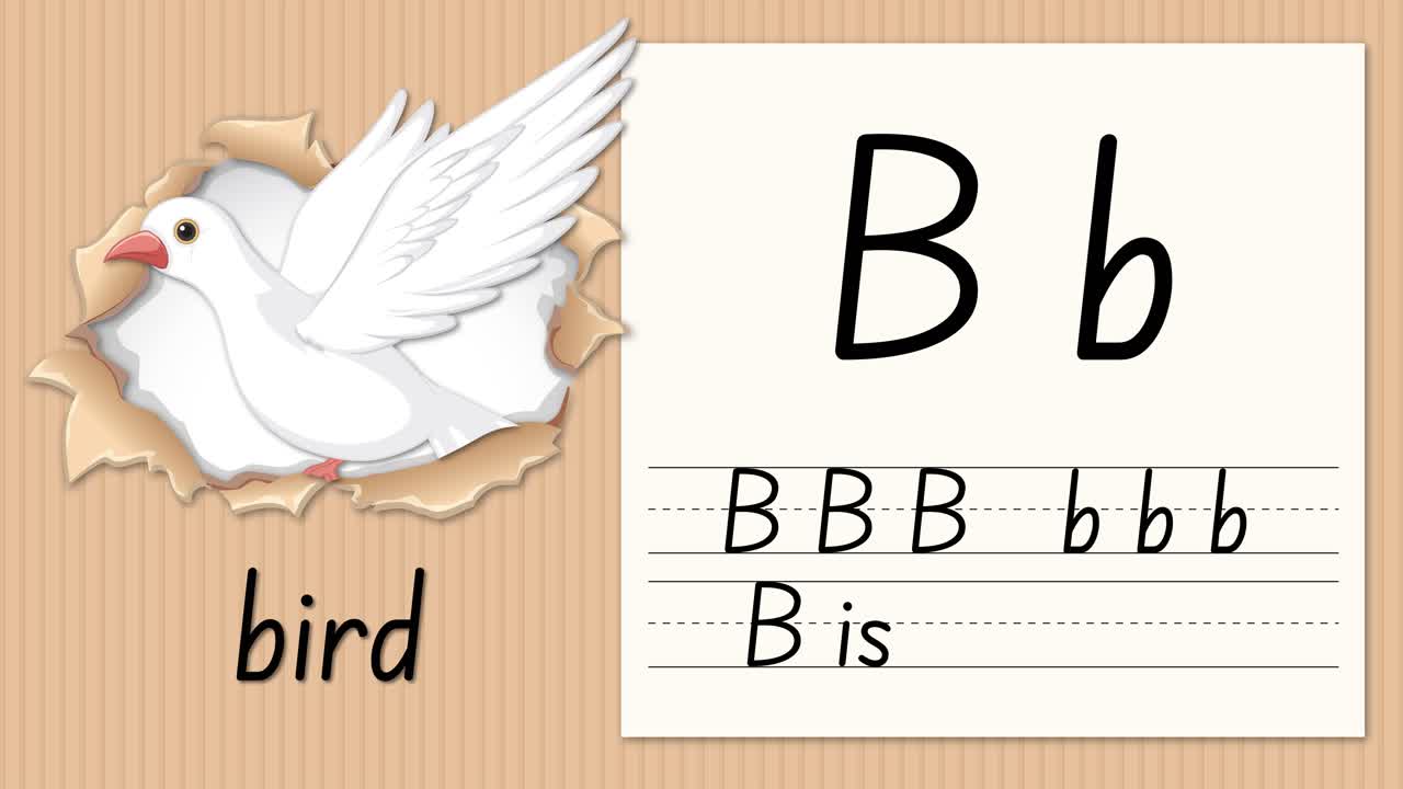 Animated educational video teaches letter B using a white bird illustration and handwriting practice lines