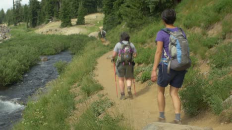 camera fallows hikers along a stream