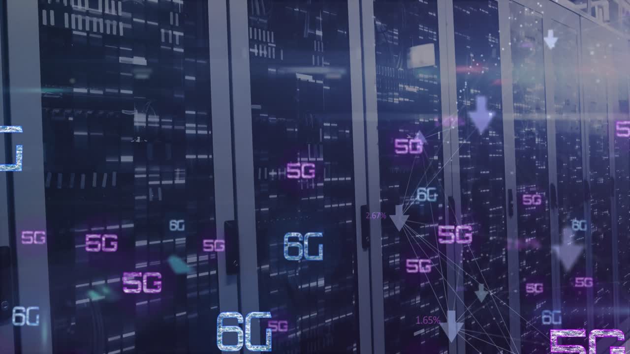 animación de texto de 5g y 6g sobre bastidores de servidores de datos iluminados