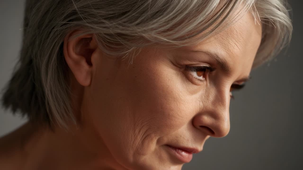 Donna anziana che nota un suggerimento fuori campo e sposta lo sguardo in studio, con capelli grigi e illuminazione soffusa