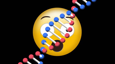 animación digital de la estructura del adn girando sobre un emoji de cara sorprendida contra un fondo negro