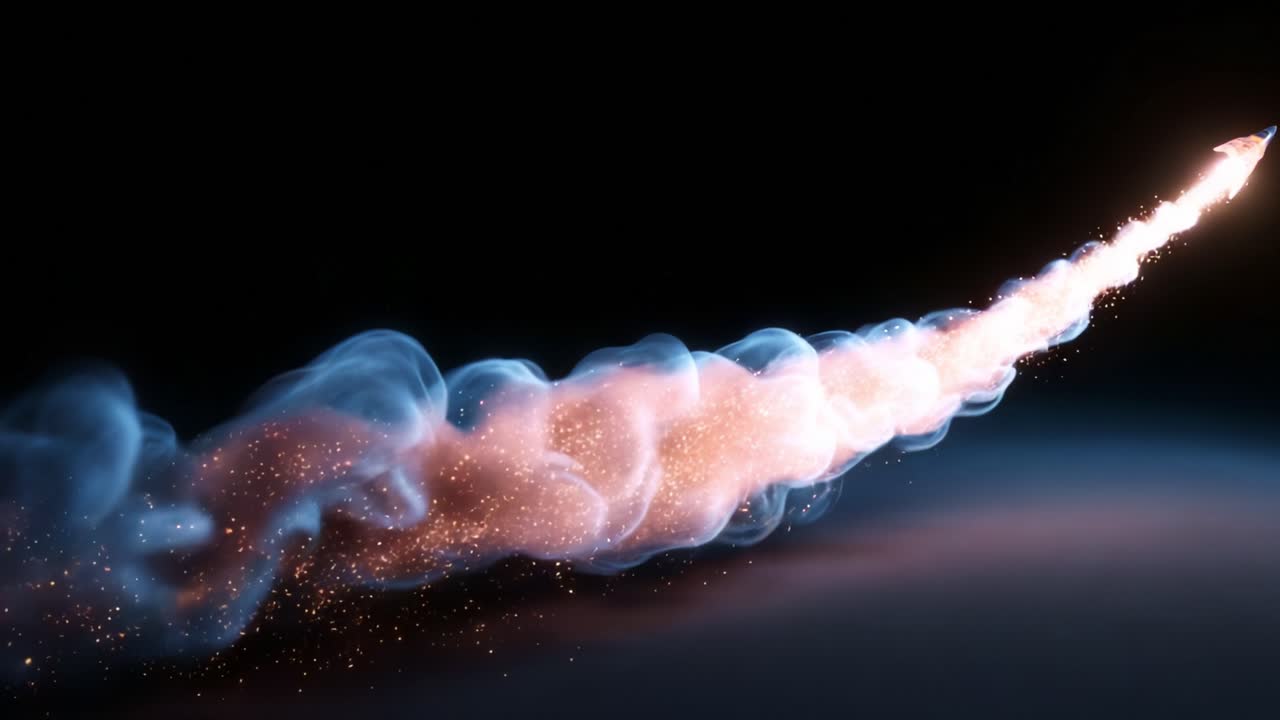 A stunning visual of a rocket ascending through the dark cosmos, leaving behind a trail of vibrant smoke and sparkling particles that illuminate the surrounding space