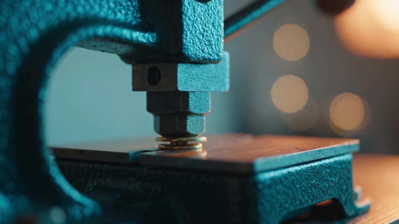 Close-Up of a Vintage Press Machine Engaging with a Brass Button, Showcasing Intricate Details and Craftsmanship in a Warmly Lit Workshop Environment