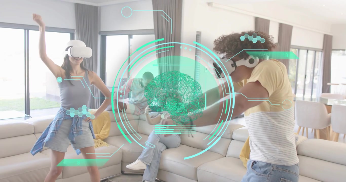 Amici che attivano visori VR e ballano a ritmo di gioco in soggiorno con ologrammi di cervelli verdi