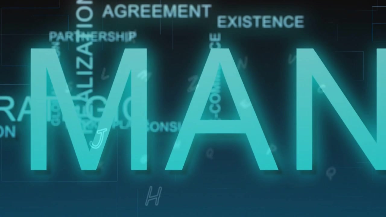Playback starting glowing cyan type group forming SUCCESS, rotating, scaling for business