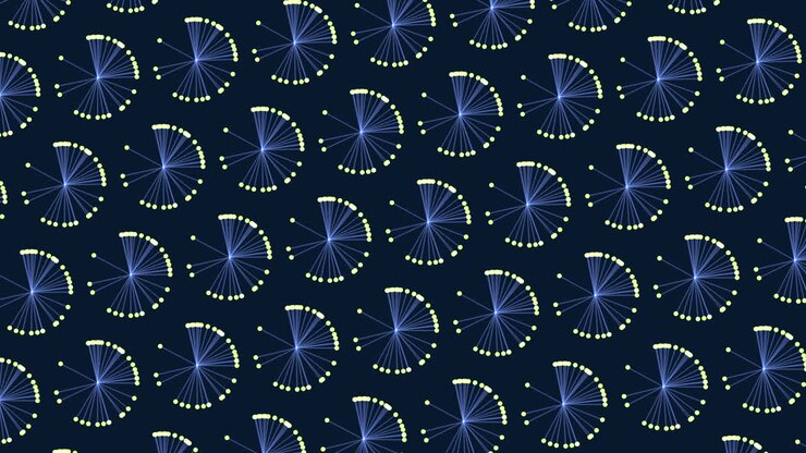 Abstract geometric background with rotating dotted arcs and glowing radial lines on dark blue. Seamless motion design for technology, data, science, and modern UI