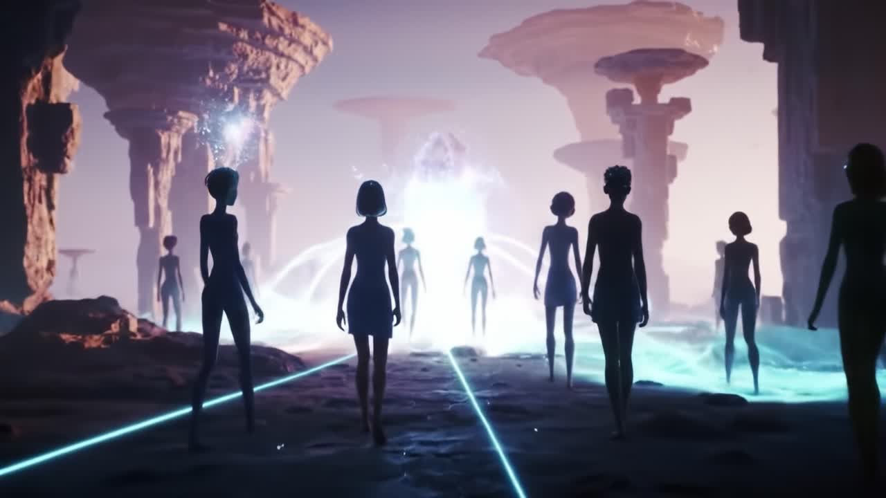 Silhouetted figures walk through a captivating digital landscape filled with towering formations and enchanting lights. The atmosphere evokes a dreamlike quality, blending fantasy and reality.