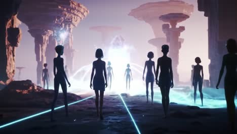 silhouetted figures walk through a captivating digital landscape filled with towering formations and enchanting lights. the atmosphere evokes a dreamlike quality, blending fantasy and reality.