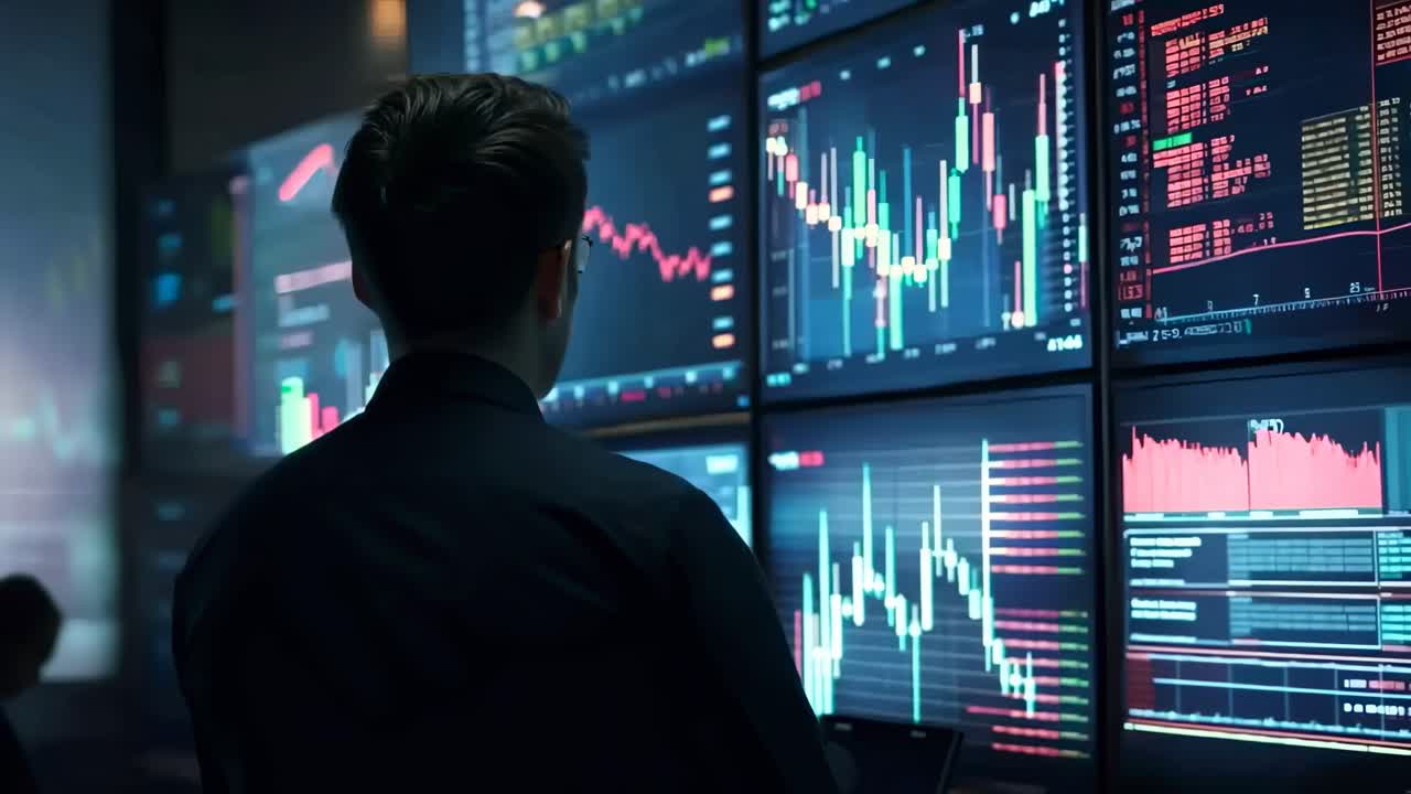 A man analyzes financial data on multiple screens in a dimly lit room