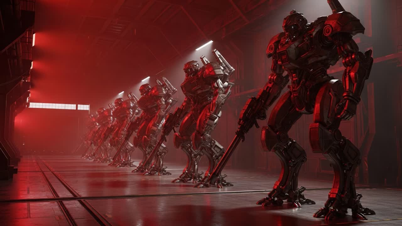 A Lineup of Advanced Robotic Sentinels Awaits Activation in a Dimly Lit Industrial Space, Showcasing Their Sleek Designs and Imposing Presence