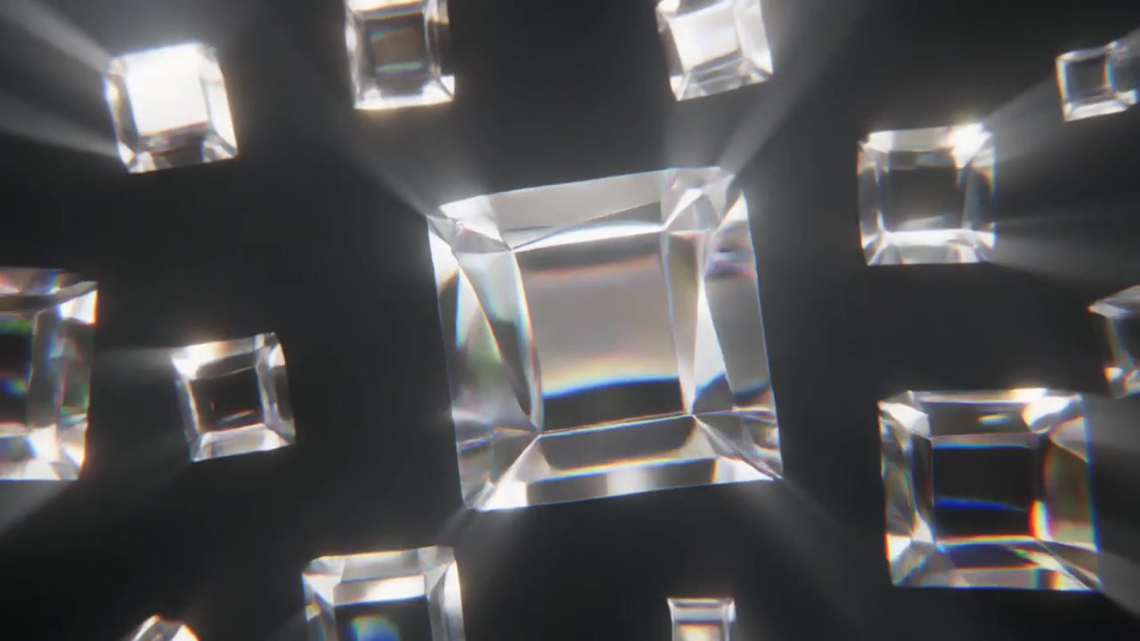 Cubos de Vidro Transparentes Giratórios com Reflexos de Luz Radiantes