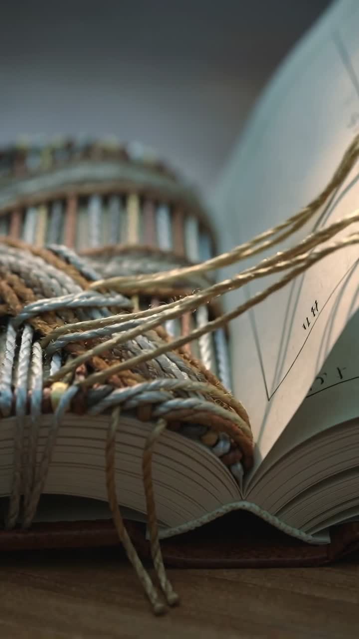 Video verticale: Telecamera che si inclina mostrando il dorso di un libro cucito, fili sciolti sulla pagina che mostrano numeri