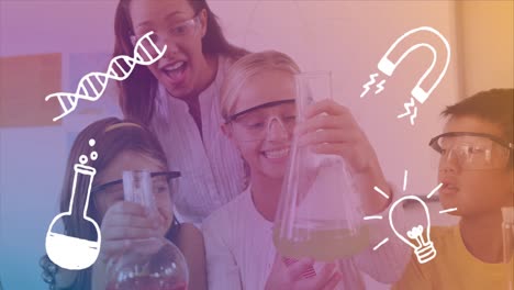animación de temas de química sobre diversos alumnos que hacen experimentos