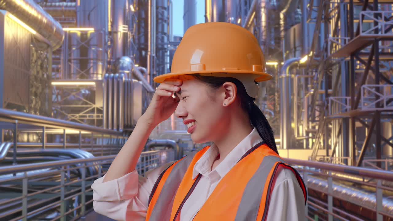 Close Up Side View Of Asian Female Engineer With Safety Helmet Having A Headache While Working At A Vast Oil Refinery