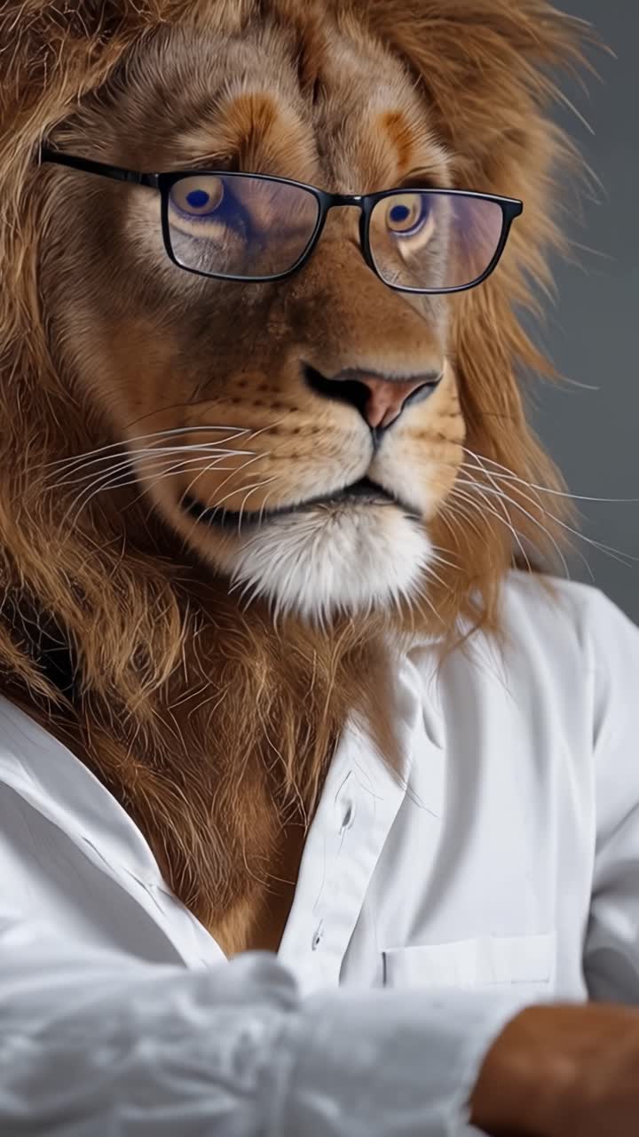 Un Leone Intelligente che Indossa Occhiali e una Camicia Bianca, che Ritratta Intelligenza e Sofisticazione in un Ritrattto Accattivante di un Personaggio Felino Unico.