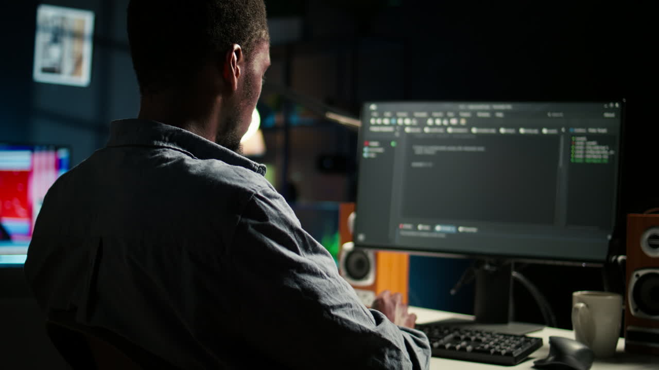 Black man programmer manages code and scripts in artificial intelligence