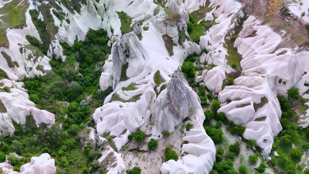 Aerial view of rocky landscape and greenery in Cappadocia, Turkey