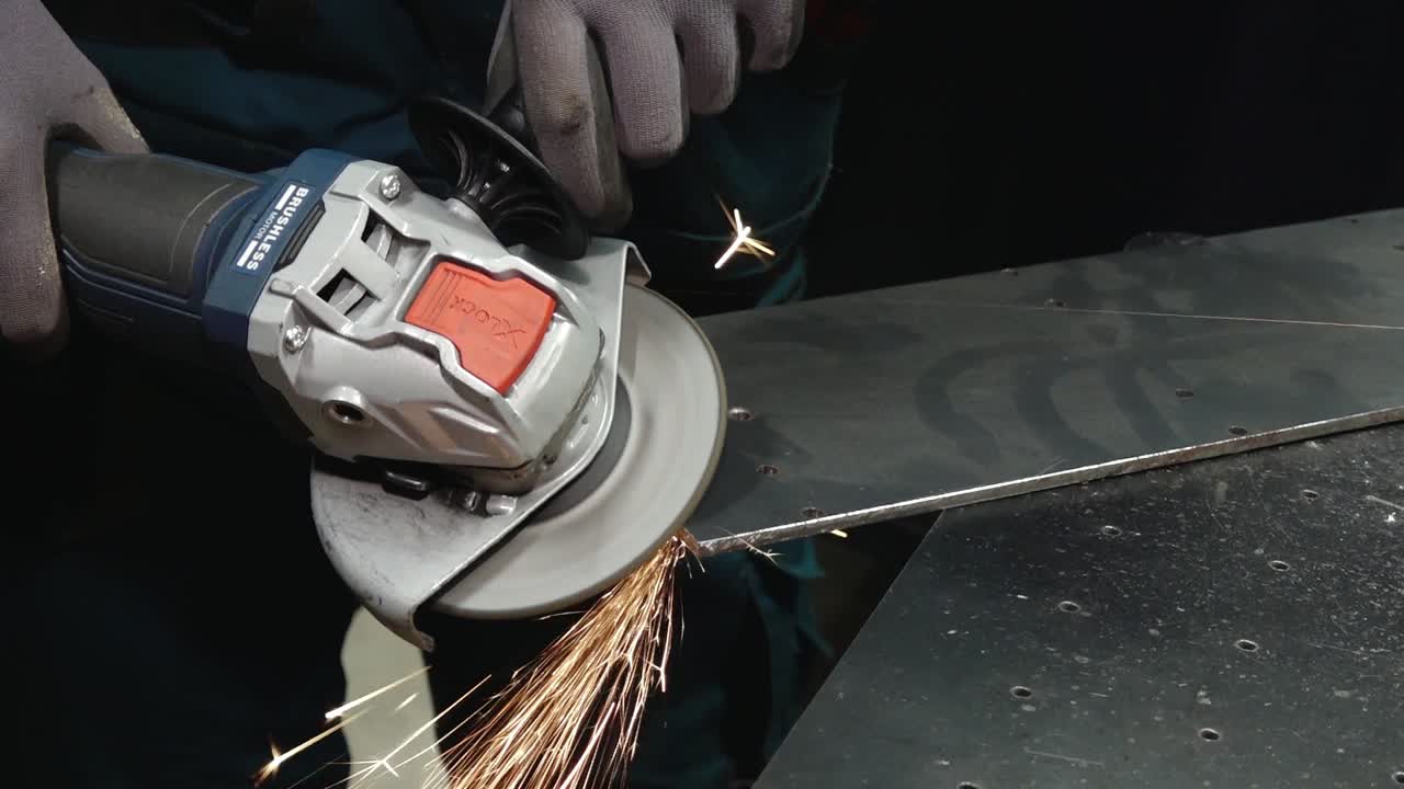 Close-up of a grinding wheel cutting or shaping a metal surface, producing vibrant sparks. A powerful depiction of industrial work and precision.