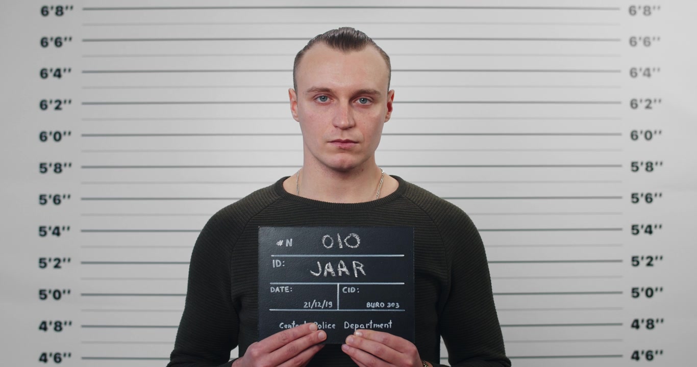 Mand holder mugshot-skilt foran baggrund med politi-lineup