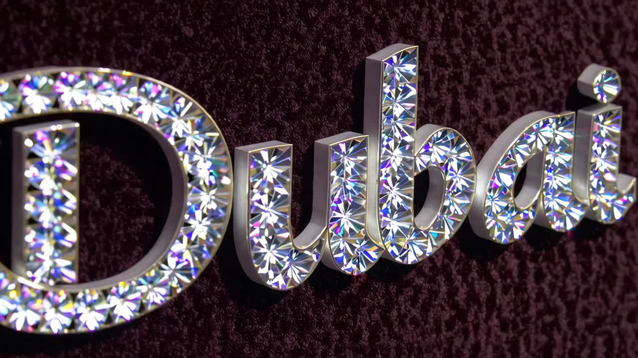 Sparkling Dubai sign, adorned with iridescent crystals, exudes luxury and glamour against a rich purple velvet backdrop, capturing the essence of opulence and extravagance