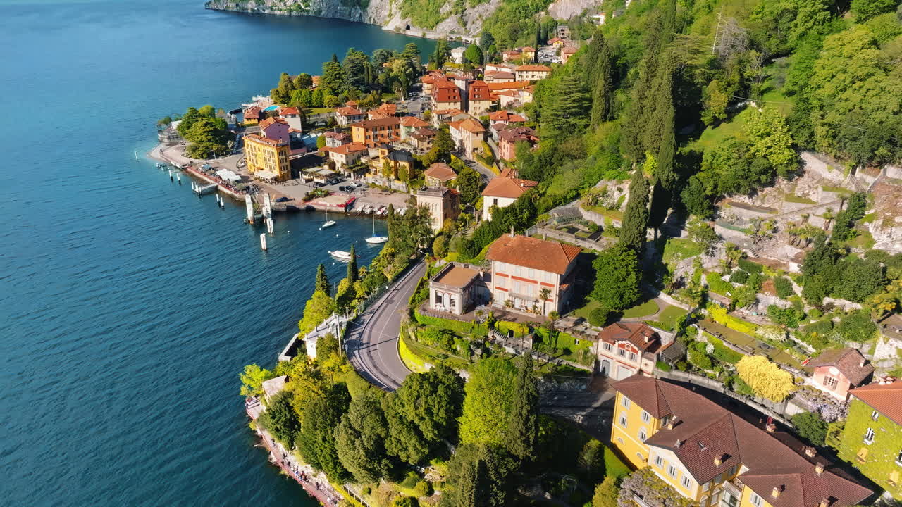 Aerial drone view of Varenna, Italy and Lake Como in daylight