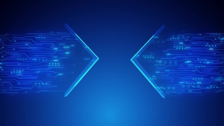 Immagine di bordo tecnologico ciano futuristico con schemi di circuiti specchiati, forme di frecce blu e area titolo pulita