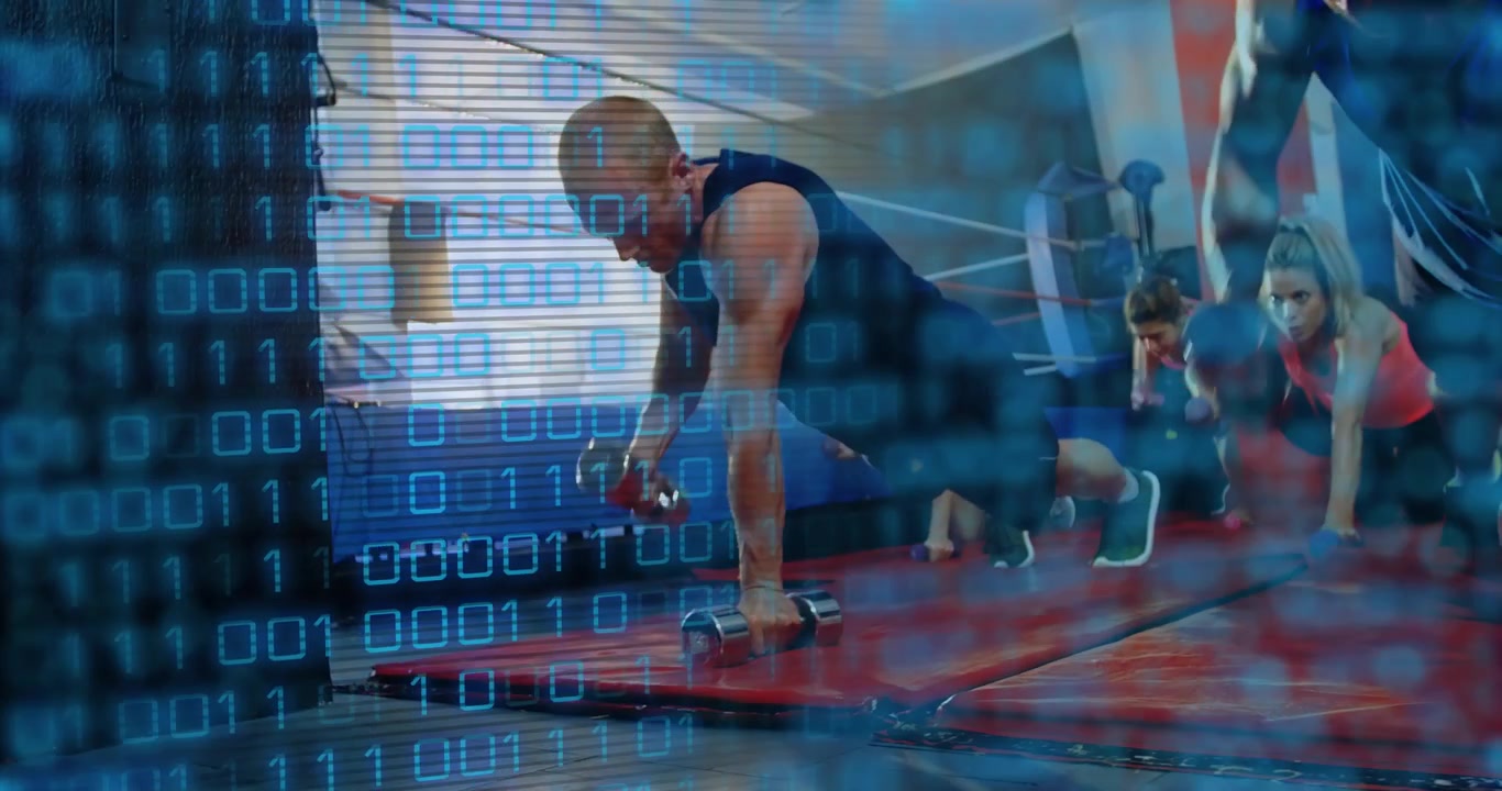 Male trainer planking on red mat and rowing dumbbells under binary overlay guiding fitness partners