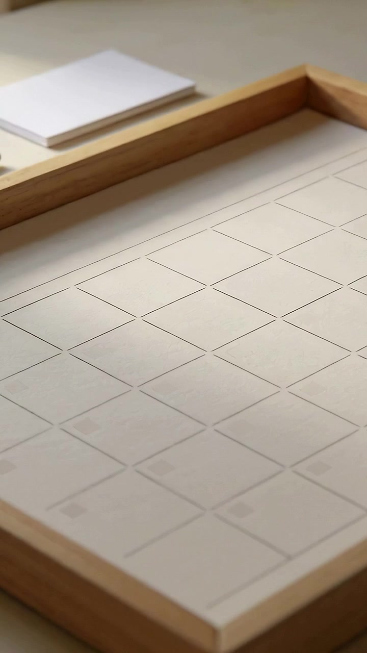 Vertical video: Pulling camera revealing wooden tray on desk with diamond grid sheet, cards