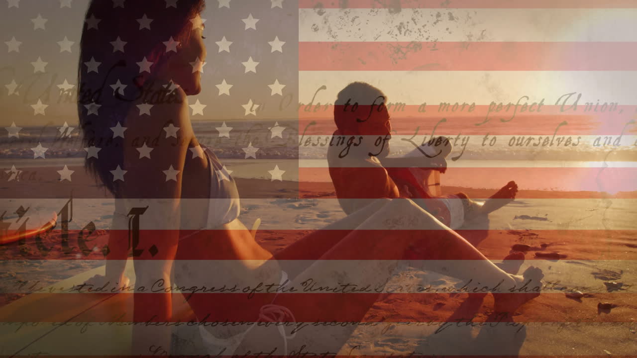 Relaxing on beach, people with American flag, reading historical text animation