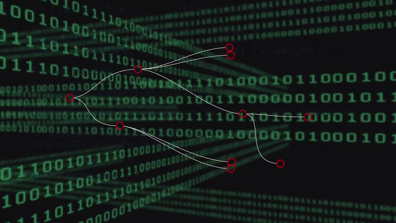 Animation of binary code over connections on black background