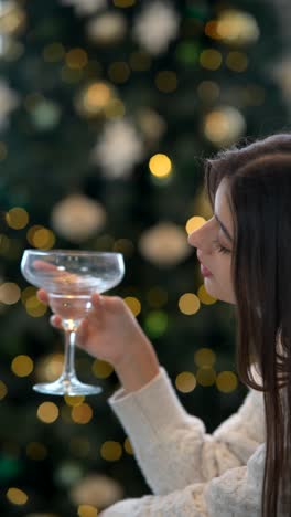 woman holding an empty cocktail glass near a christmas tree