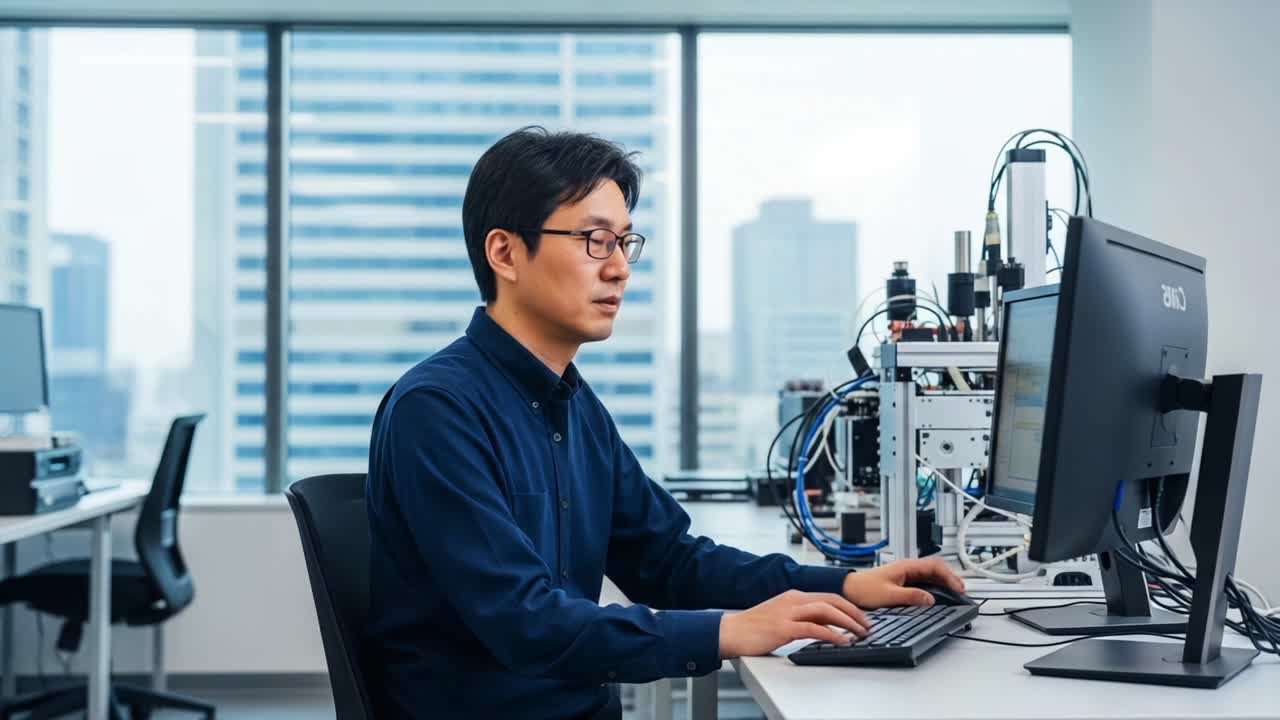 Focused Researcher Engaged in Technological Development at Modern Office Space, Surrounded by Advanced Equipment and a Sleek Computer Setup