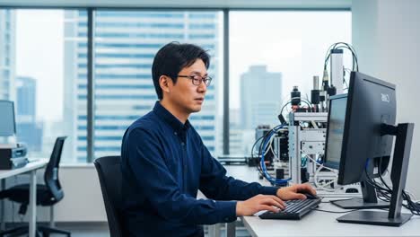 focused researcher engaged in technological development at modern office space, surrounded by advanced equipment and a sleek computer setup