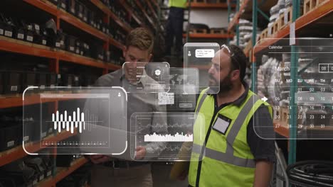 animation of data processing on screens over caucasian men working in warehouse