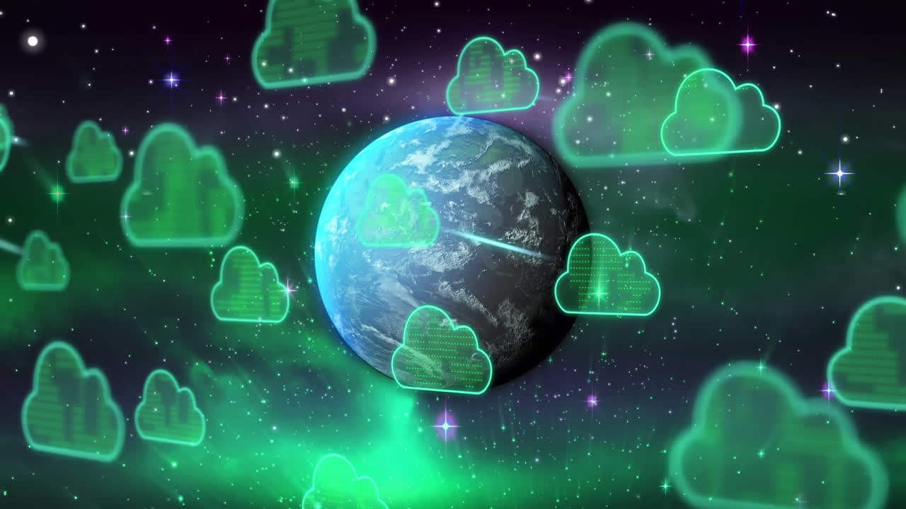 클라우드 아이콘의 애니메이션과 전 세계에 대한 데이터 처리