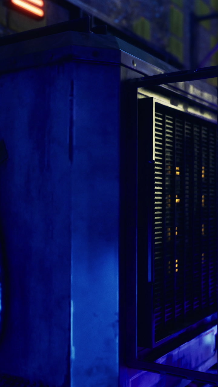 Container in a city setting with blue lighting at night with neon accents