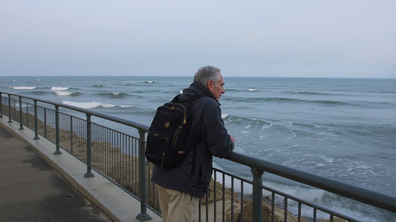 Fermandosi al parapetto, un uomo anziano si appoggia sulla passeggiata, scrutando l'orizzonte con un grande zaino nero.