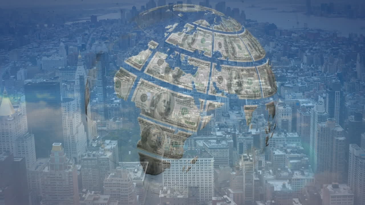 globo giratorio hecho de billetes de dólar animación sobre el fondo del paisaje urbano