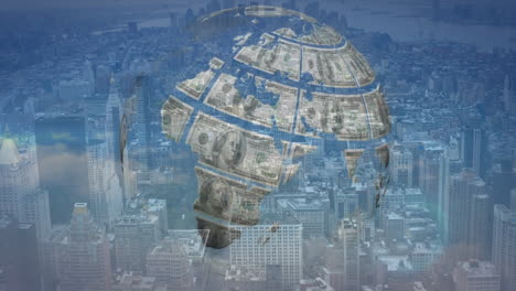 rotating globe made of dollar bills animation over cityscape background