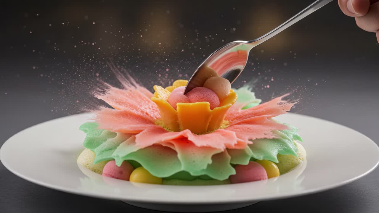 A Beautifully Crafted Desserts Creation Featuring a Colorful Floral Design, Sprinkled and Garnished with Delicate Edible Elements for an Aesthetic Culinary Experience