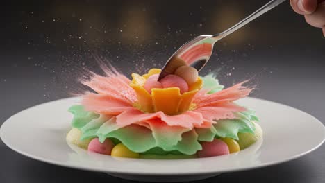 a beautifully crafted desserts creation featuring a colorful floral design, sprinkled and garnished with delicate edible elements for an aesthetic culinary experience