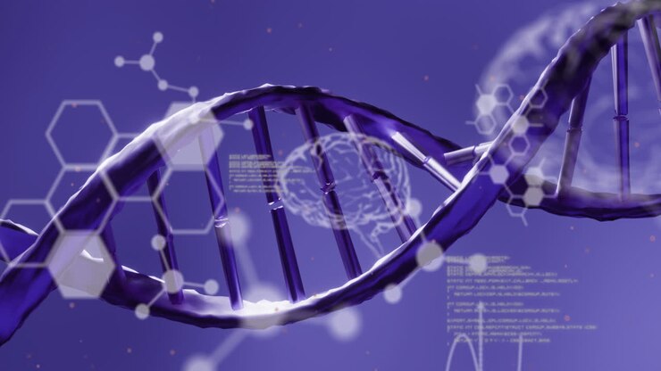 Medical data processing over dna structure spinning against blue background